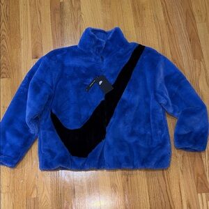 NWT Nike Women's Electric Blue Faux Fur Bomber Jacket with Black Swoosh